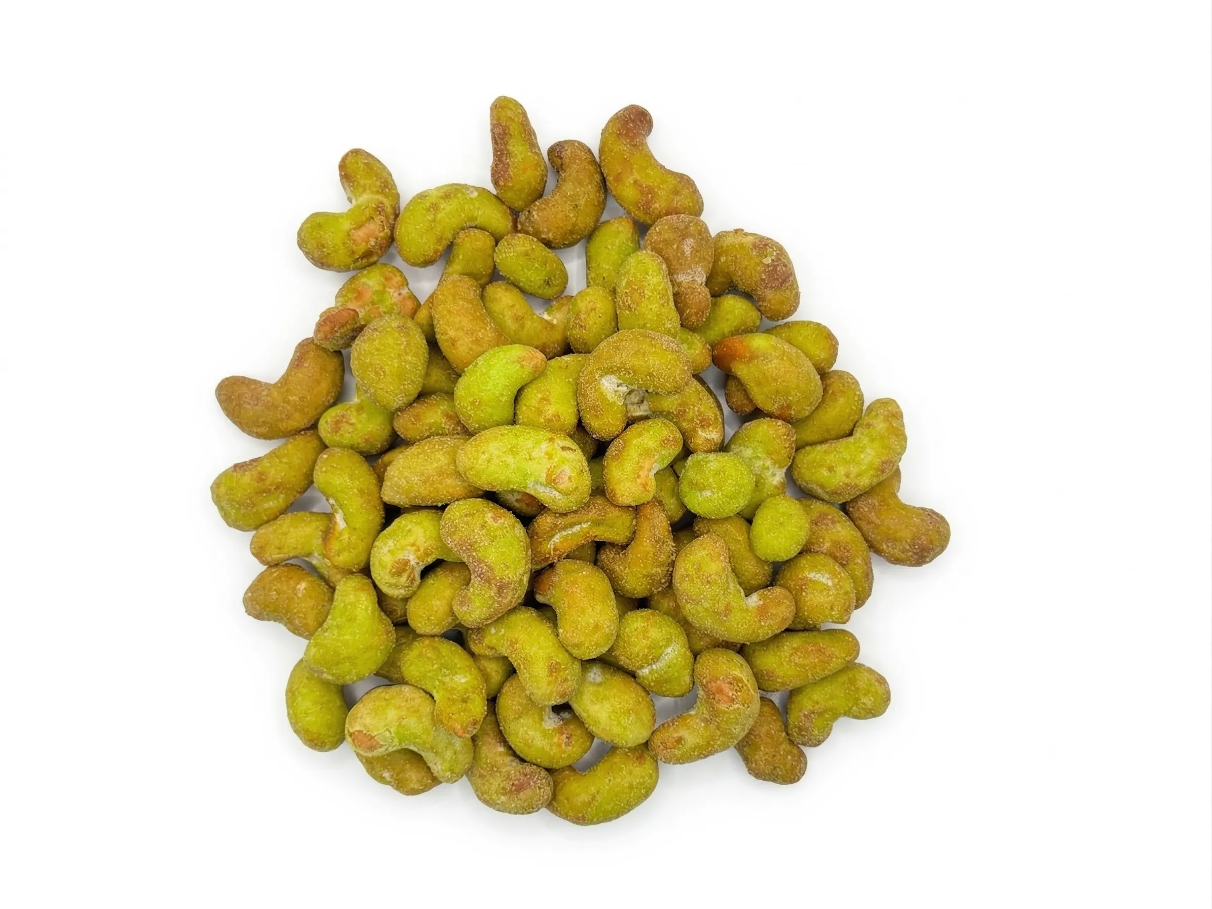 Wasabi fully-coated cashew nuts from Thailand by BB Snacks — vivid green powder coat in bulk formats